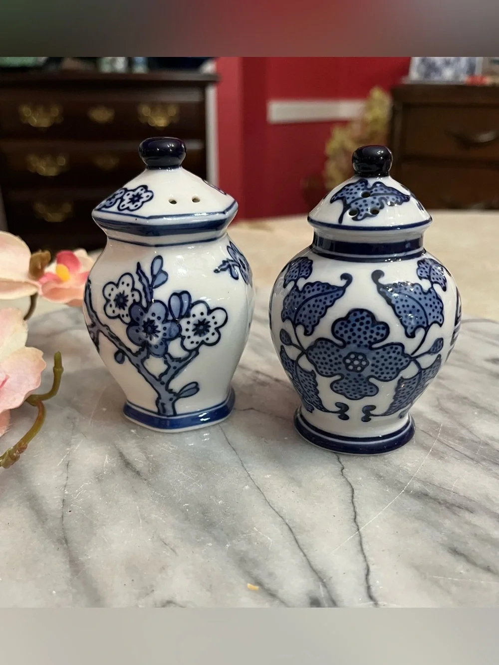 Pier 1 Blue Floral Ceramic Salt & Pepper Shakers Set White Blue Vintages